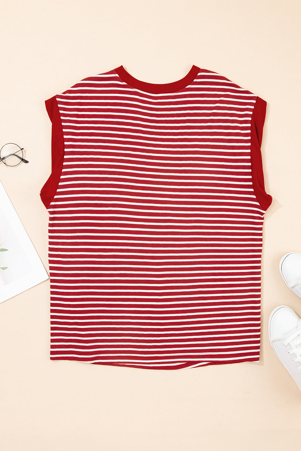 Red Stripe Chest Pocket Patch Round Neck Tank Top eAura