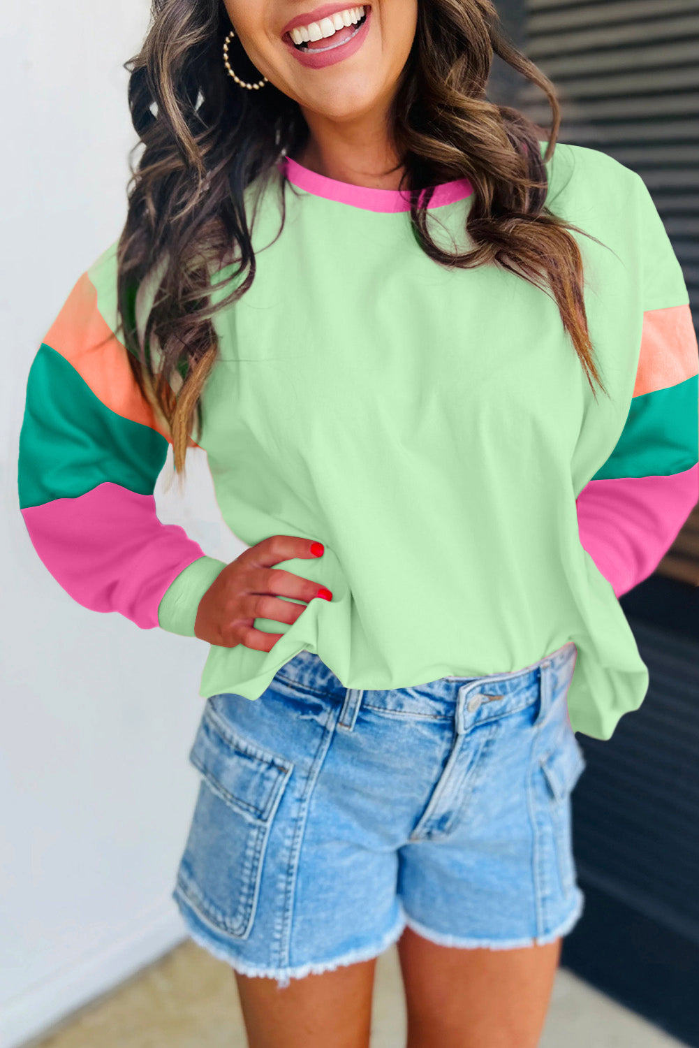 Dark Blue Colourblock Patchwork Long Sleeve Loose Top eAura