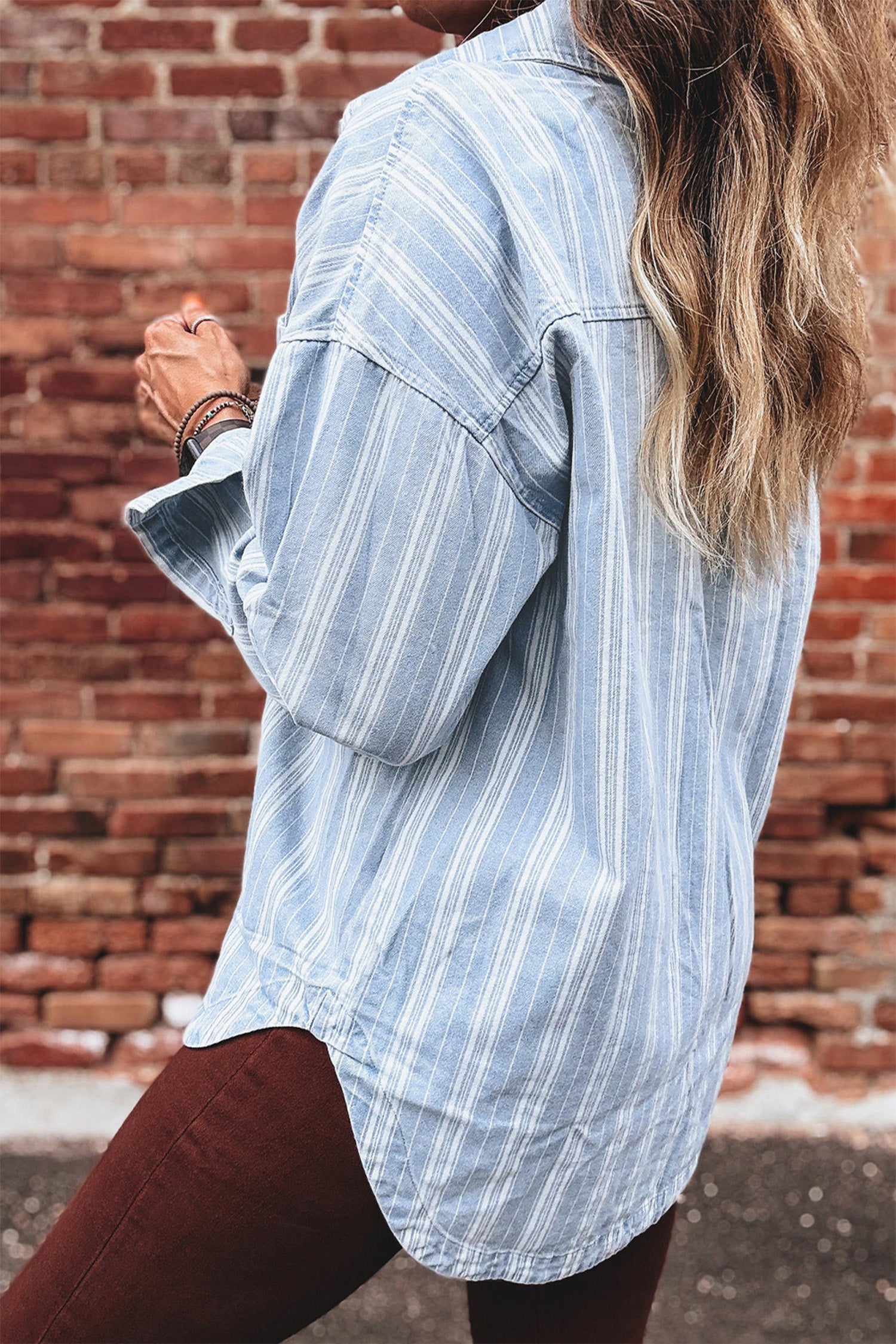 Blue Striped Boyfriend Chest Pocket Classic Denim Shirt - Tops/Blouses & Shirts