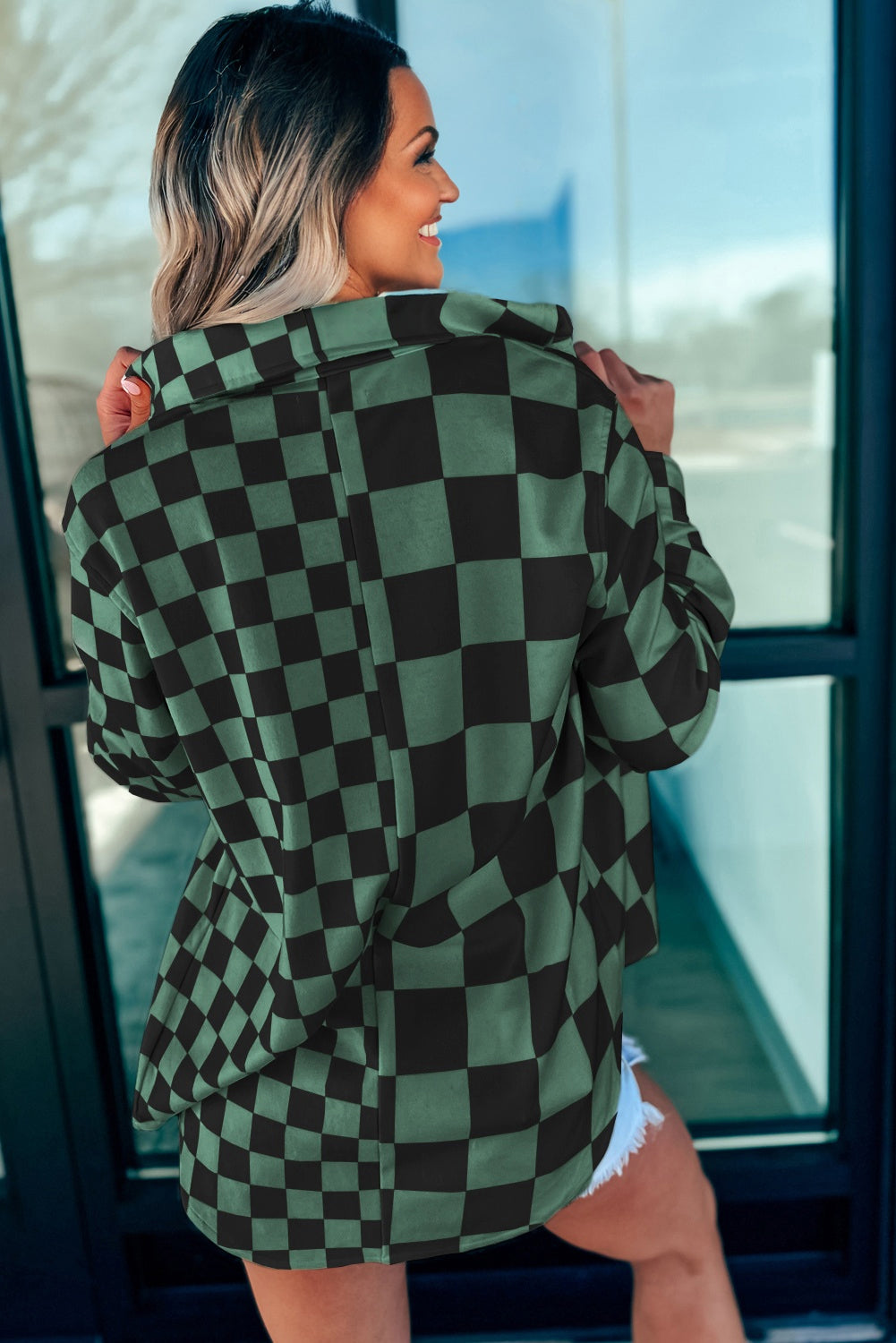 Checkerboard Flap Pocket Button Front Shacket eAura