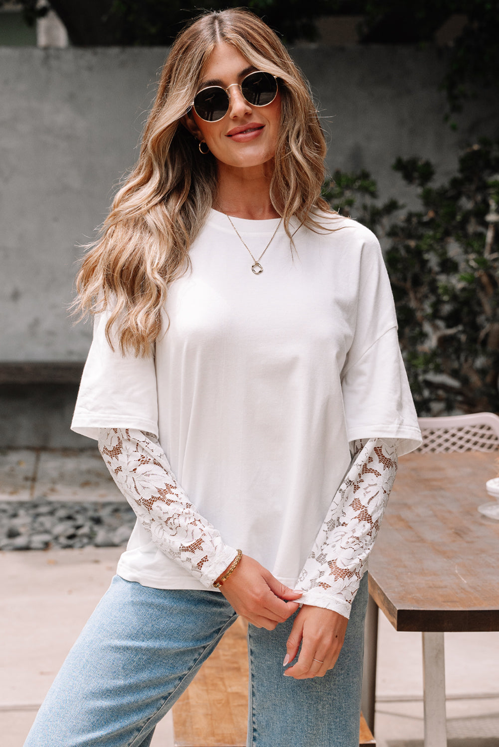 White Lace Long Sleeve Insert Drop Shoulder Tee eAura