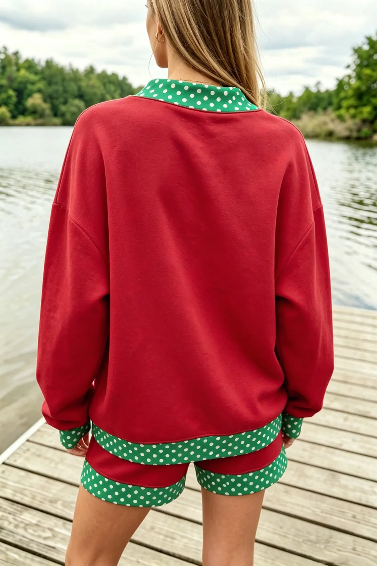 Gingham Trim Baggy Pullover 2pcs Short Set – Fiery Red