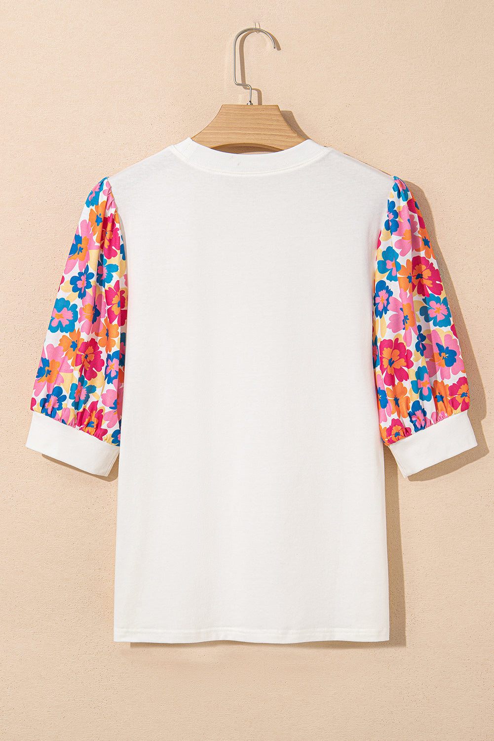 Beige Floral Puff Sleeve Patchwork Round Neck Top eAura