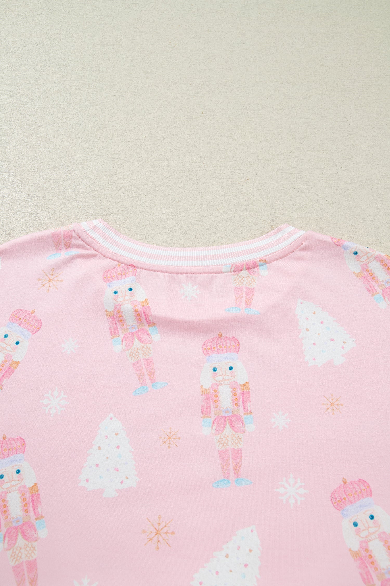 Pink Christmas Tree Nutcracker Doll Print Contrast Trim Long Sleeve Top Matching Shorts Set - Two Piece Sets/Short Sets