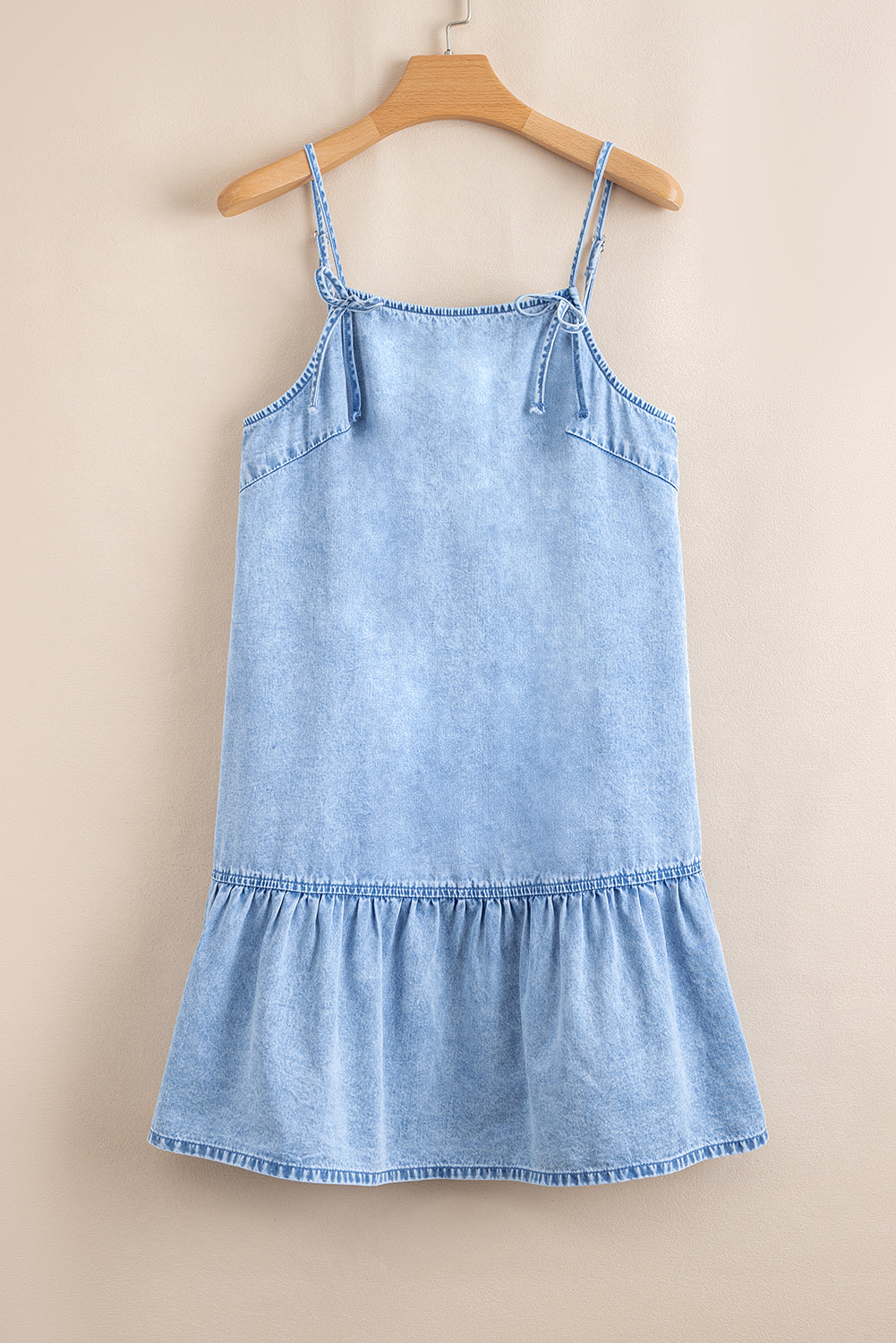 Beau Blue Bow Detail Spaghetti Straps Ruffle Hem Denim Short Dress eAura