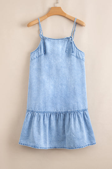 Beau Blue Bow Detail Spaghetti Straps Ruffle Hem Denim Short Dress - Dresses/Mini Dresses