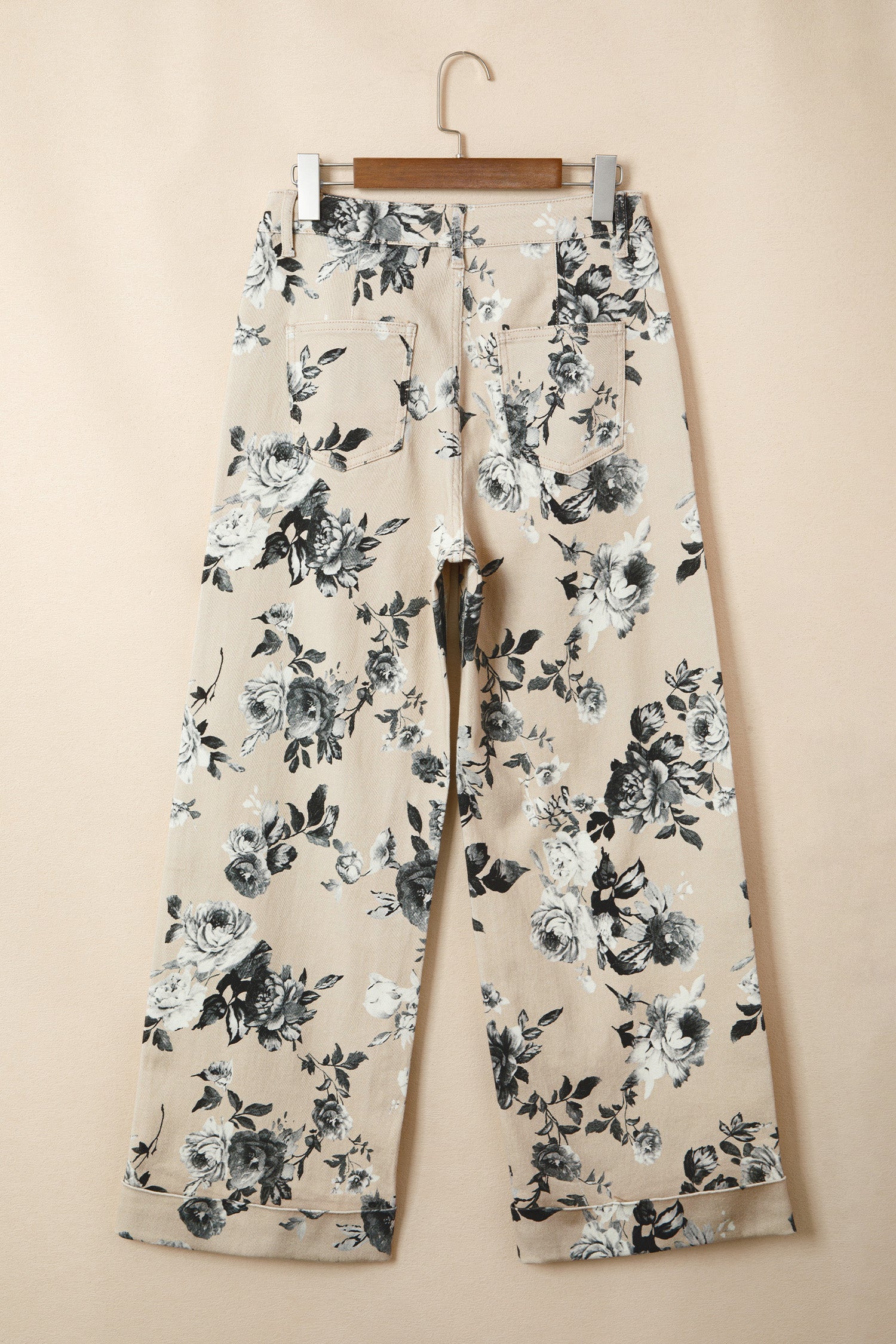 Beige Retro Floral Print Cuffed Hem Wide Leg Jeans