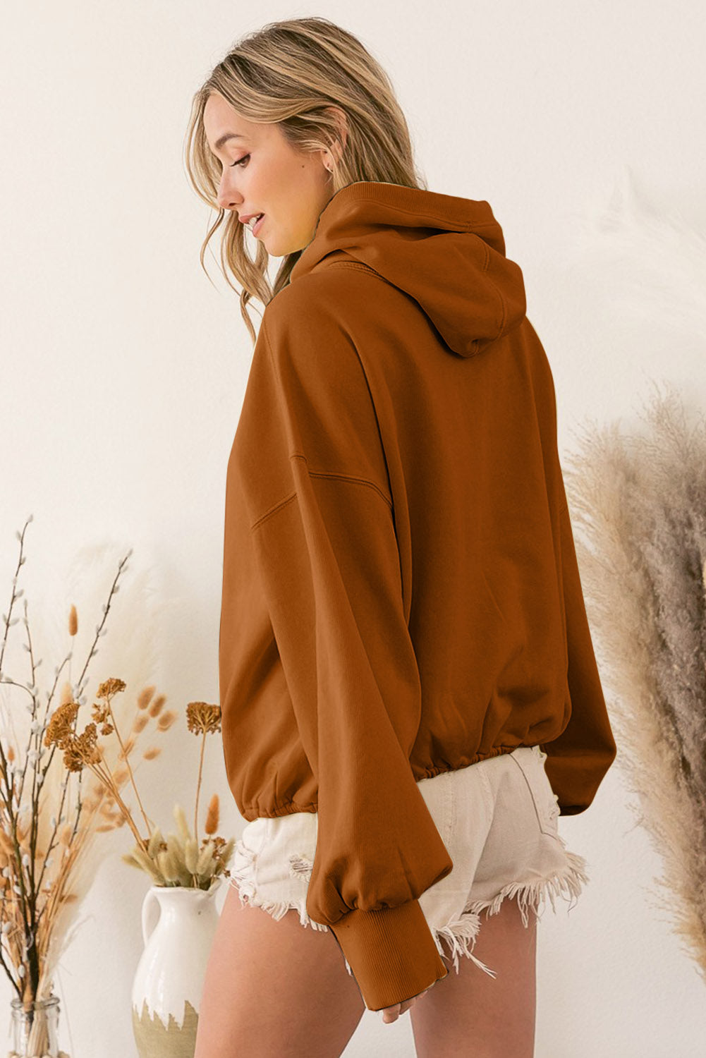 Beige Ribbed Trim Kangaroo Pocket Zipped Hoodie eAura