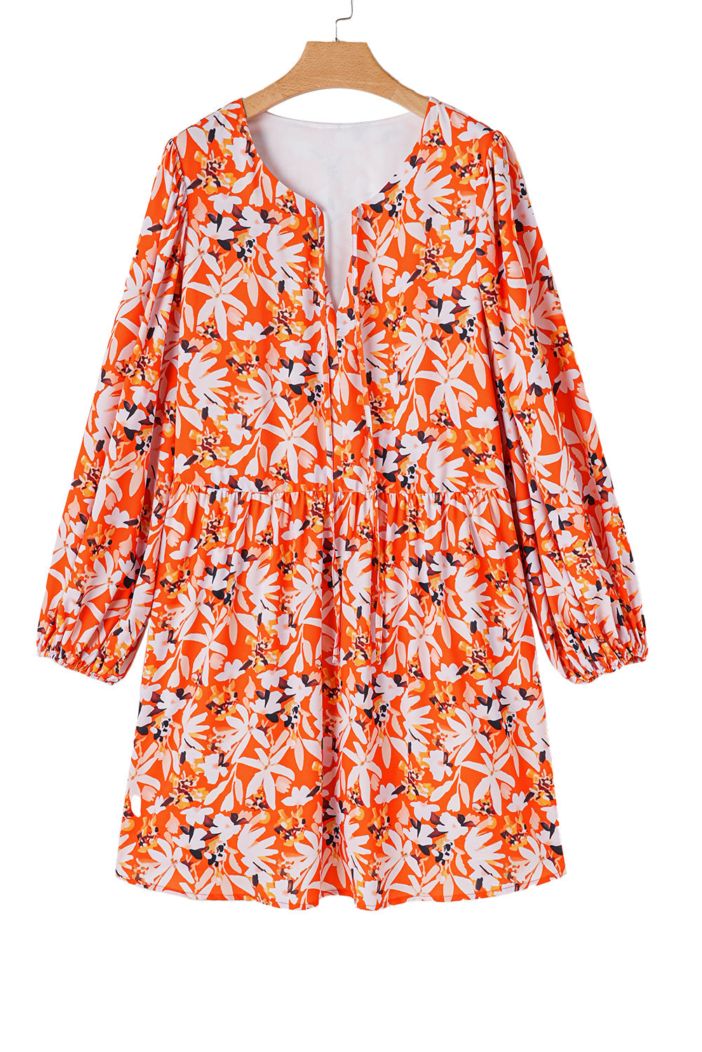 Orange Floral Print Split V Neck Bubble Sleeve Plus Size Midi Dress BB Fashion Outlet