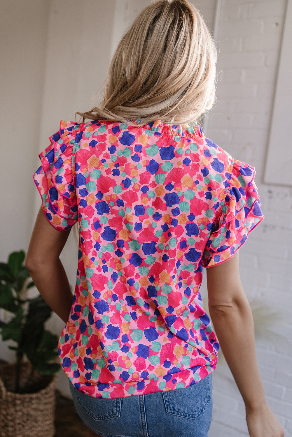 Rose Red Abstract Print Ruffled Sleeve V Neck Blouse eAura
