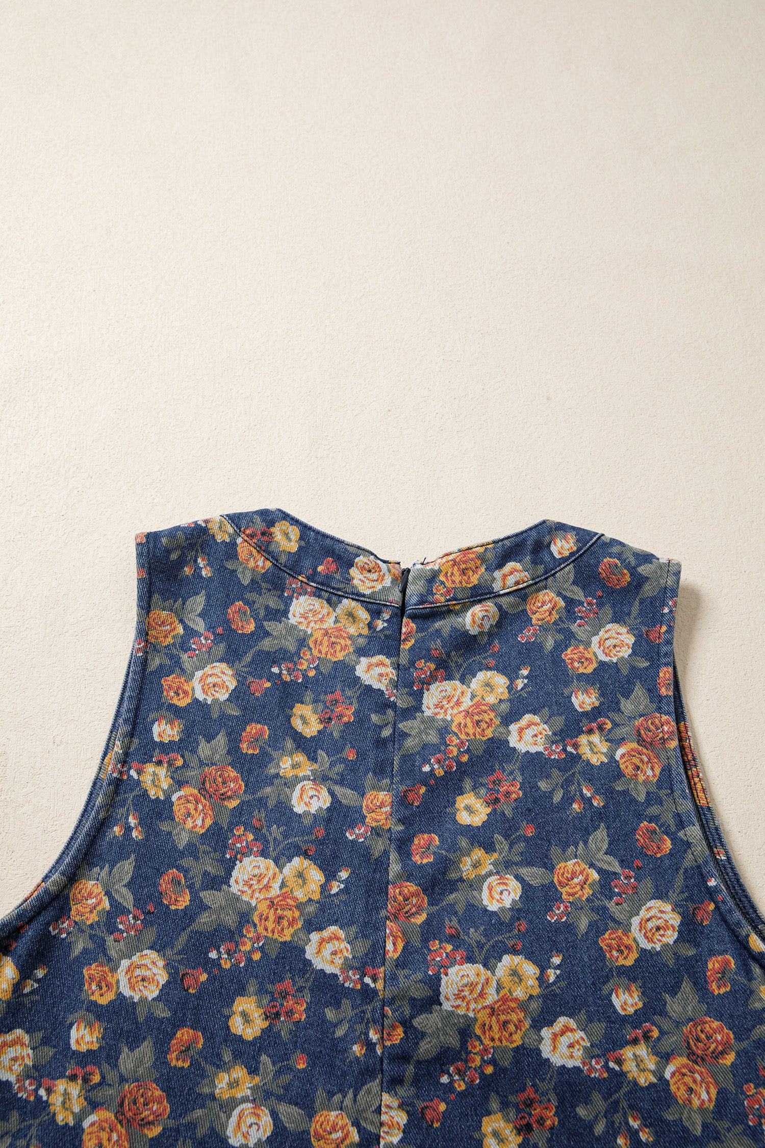 Retro Floral Print Bow Tie V Neck Sleeveless Pleated Loose Denim Romper – Blue