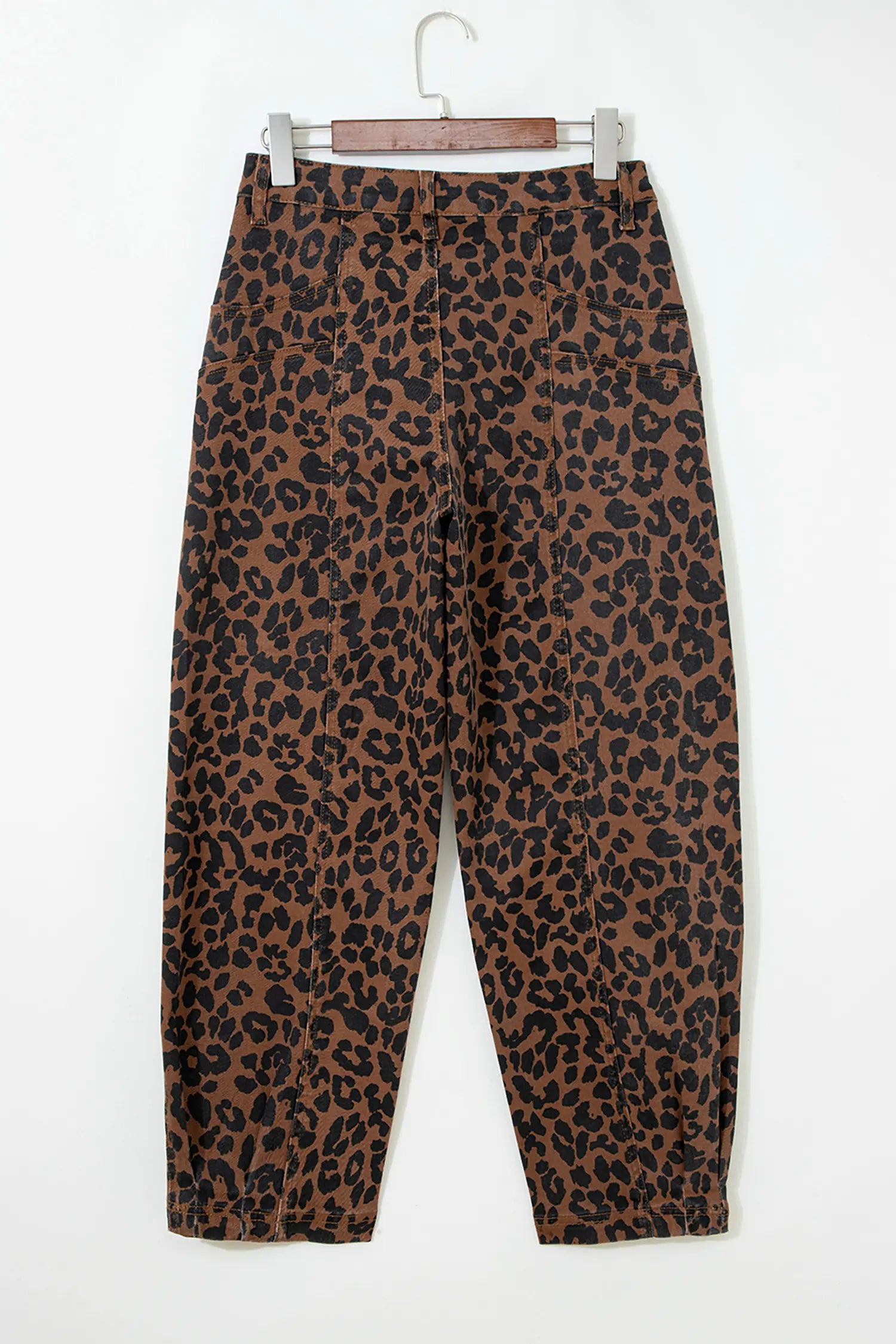 Brown Clear Seam Detail Patchwork Leopard Print Barrel Jeans