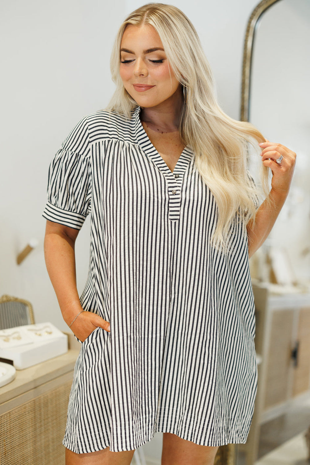 Black Stripe Short Sleeve Buttoned V Neck Pocketed Plus Size Mini Dress BB Fashion Outlet