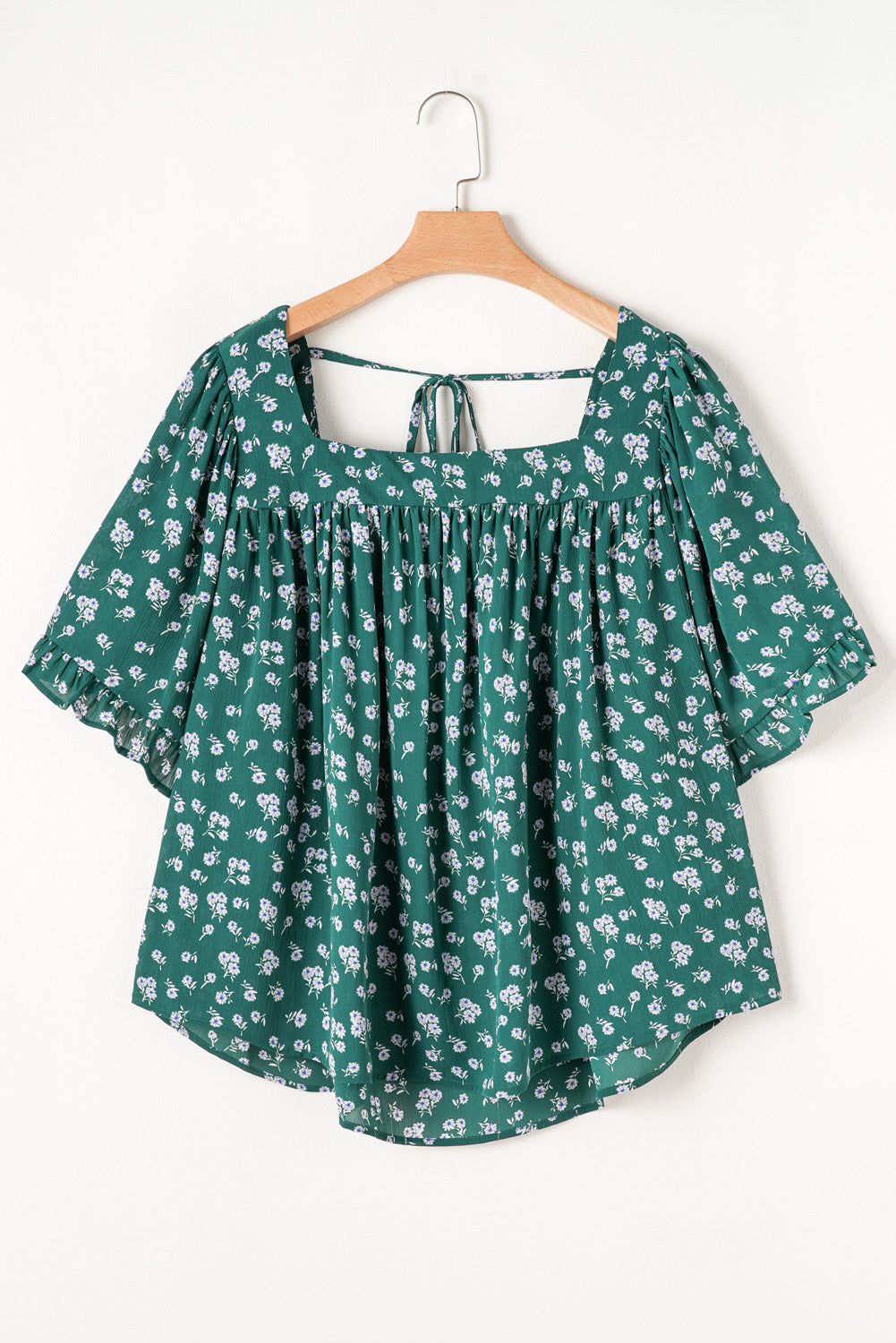 Green Floral Print Square Neck Ruffled Trim Plus Size Blouse BB Fashion Outlet
