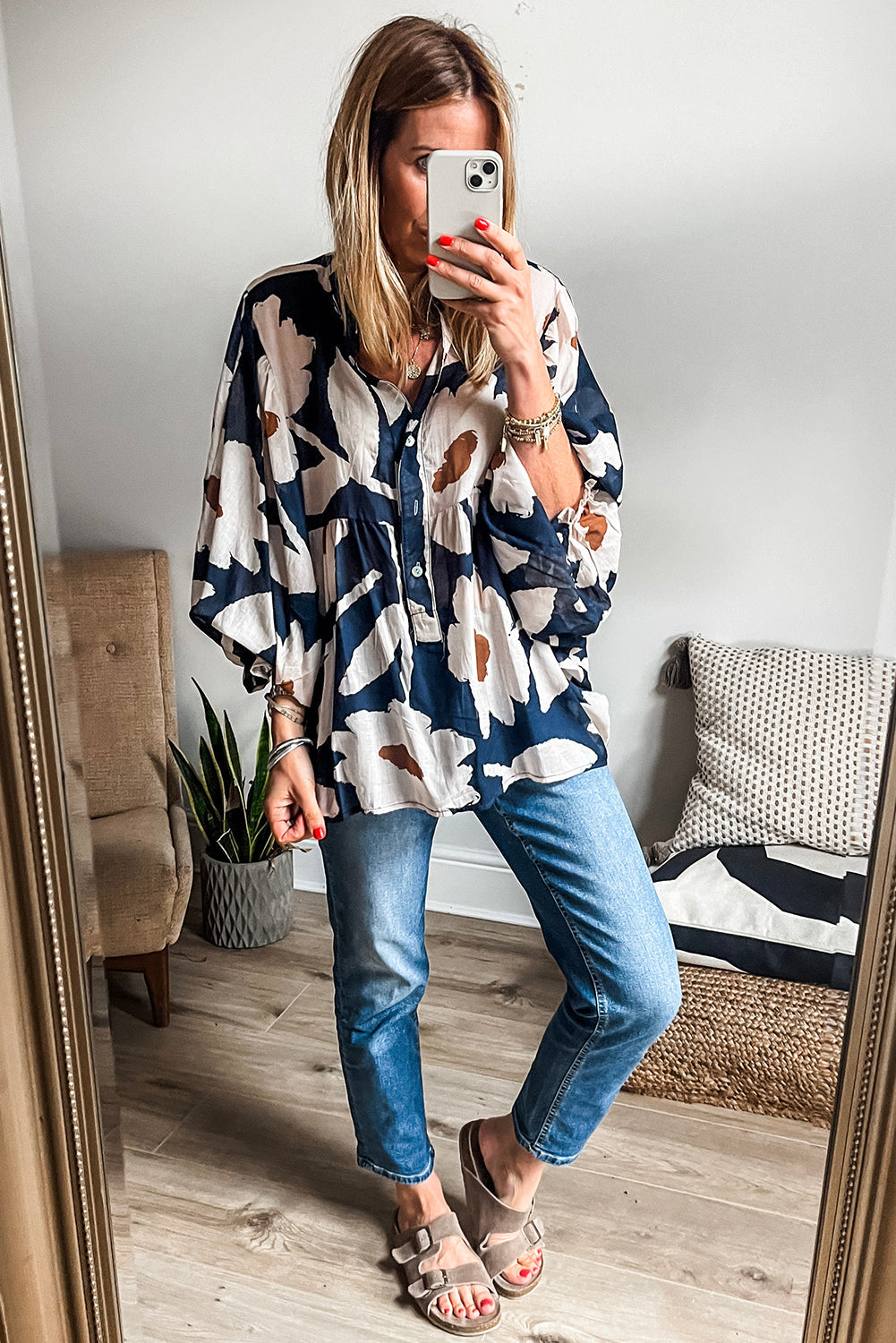 Sail Blue Abstract Floral Print Puff Sleeve Half Button Blouse eAura