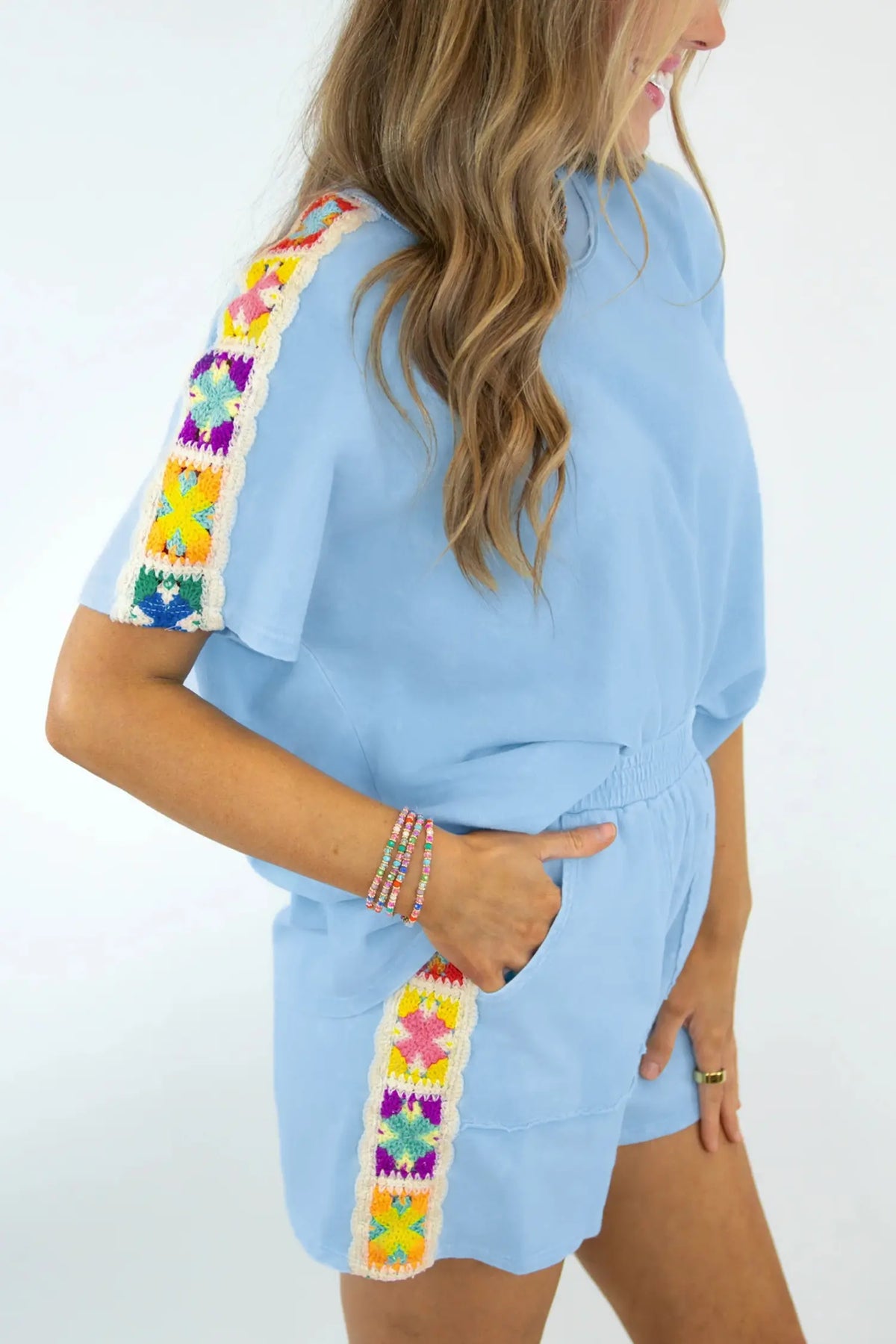 Mist Blue Granny Square Crochet Detail Short 2pcs Set – Light Blue
