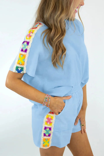 Mist Blue Granny Square Crochet Detail Short 2pcs Set – Light Blue