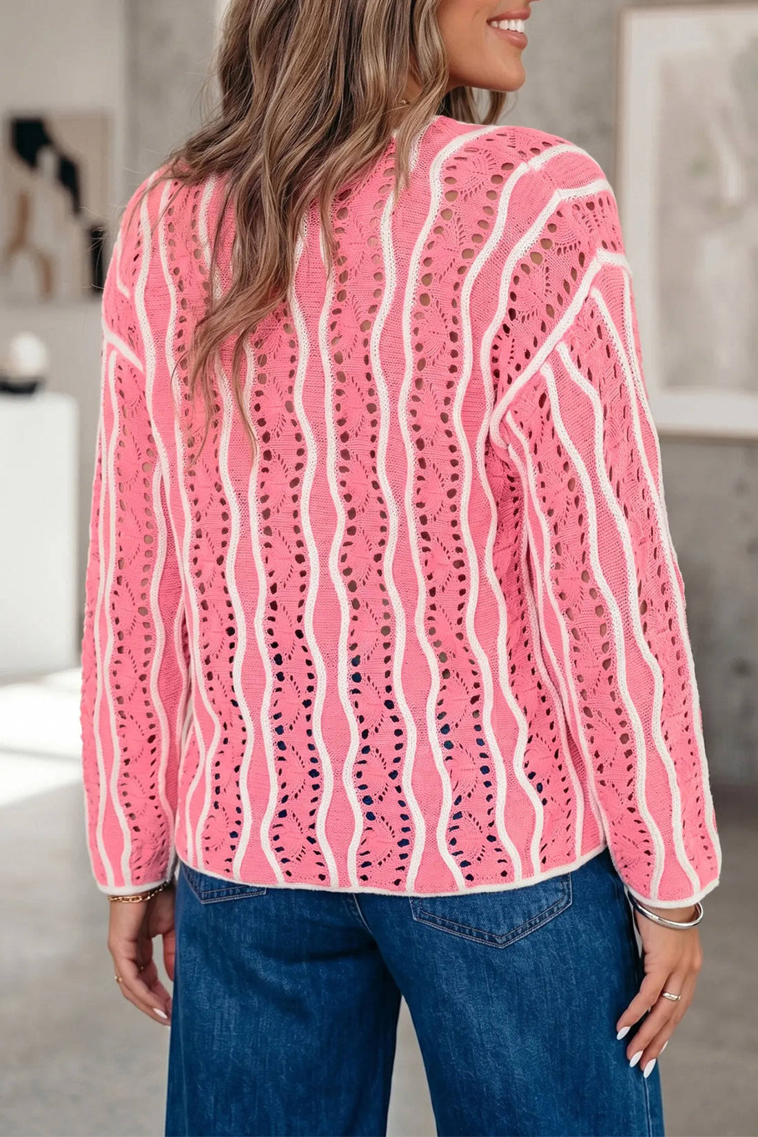 Wavy Detail Hollow Out Knit Long Sleeve Cotton Pullover Sweater – Pink