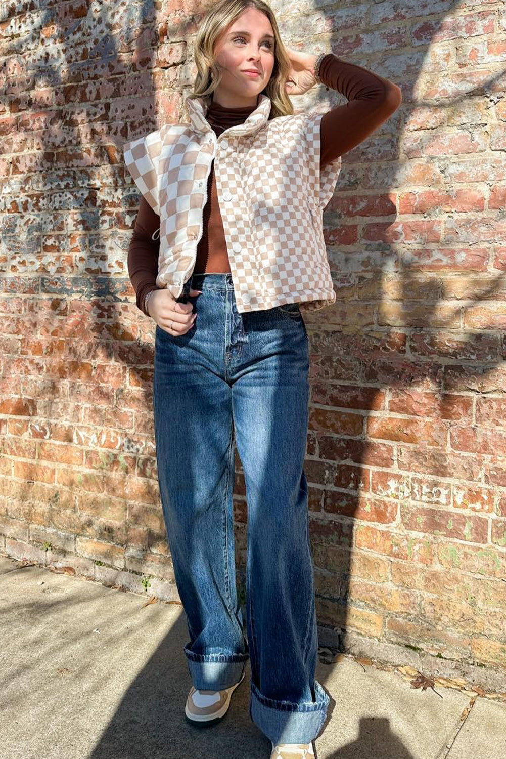 Contrast Plaid Quilted Button Zip-Up Vest - eAura