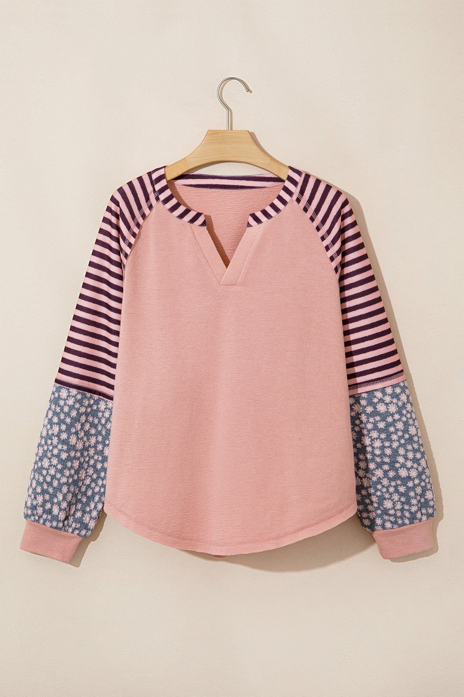 V Neck Colorblock Patchwork Striped Floral Long Sleeve Casual Top – Light Pink