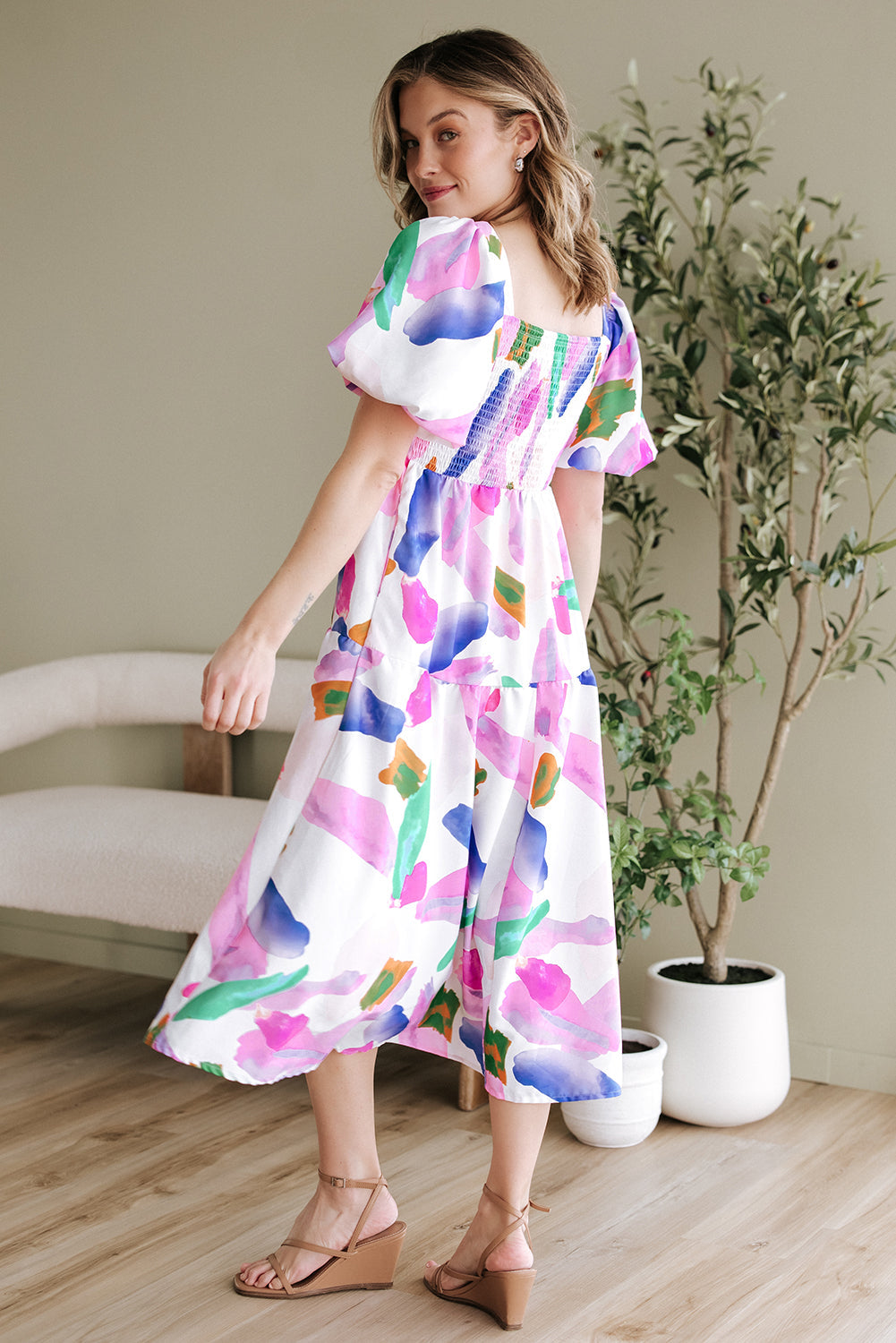 Purple Abstract Print Puff Sleeve Smocked Back Midi Dress BB Fashion Outlet