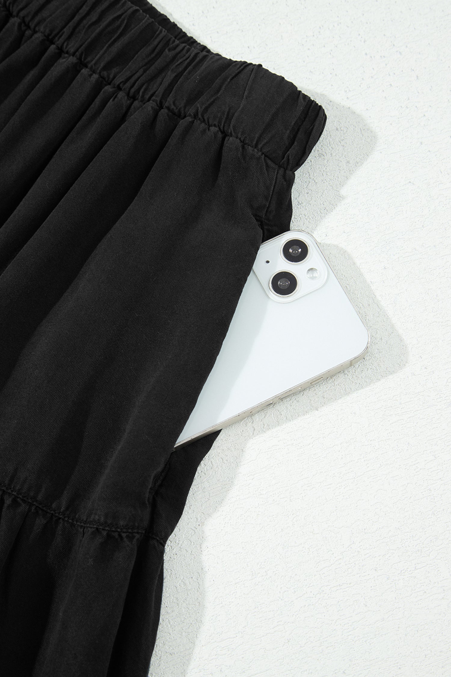 Elastic Waist Ruffled Tiered Flared Denim Maxi Skirt – Black