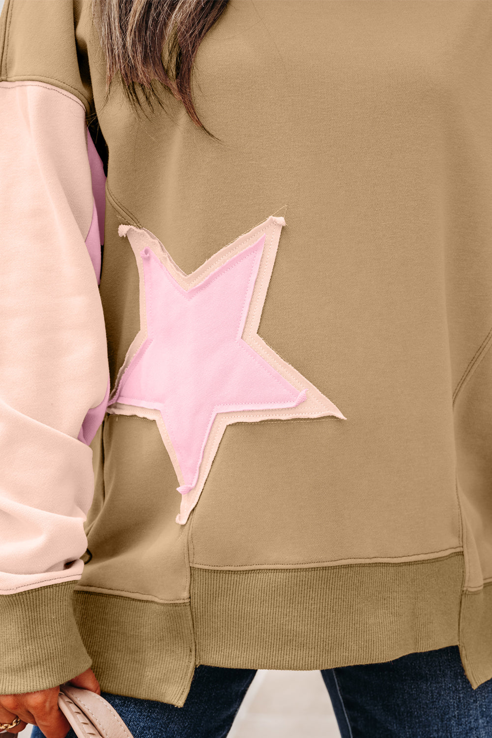 Contrast Star Patchwork Exposed Seam Uneven Hem Drop Shoulder Sweatshirt - eAura