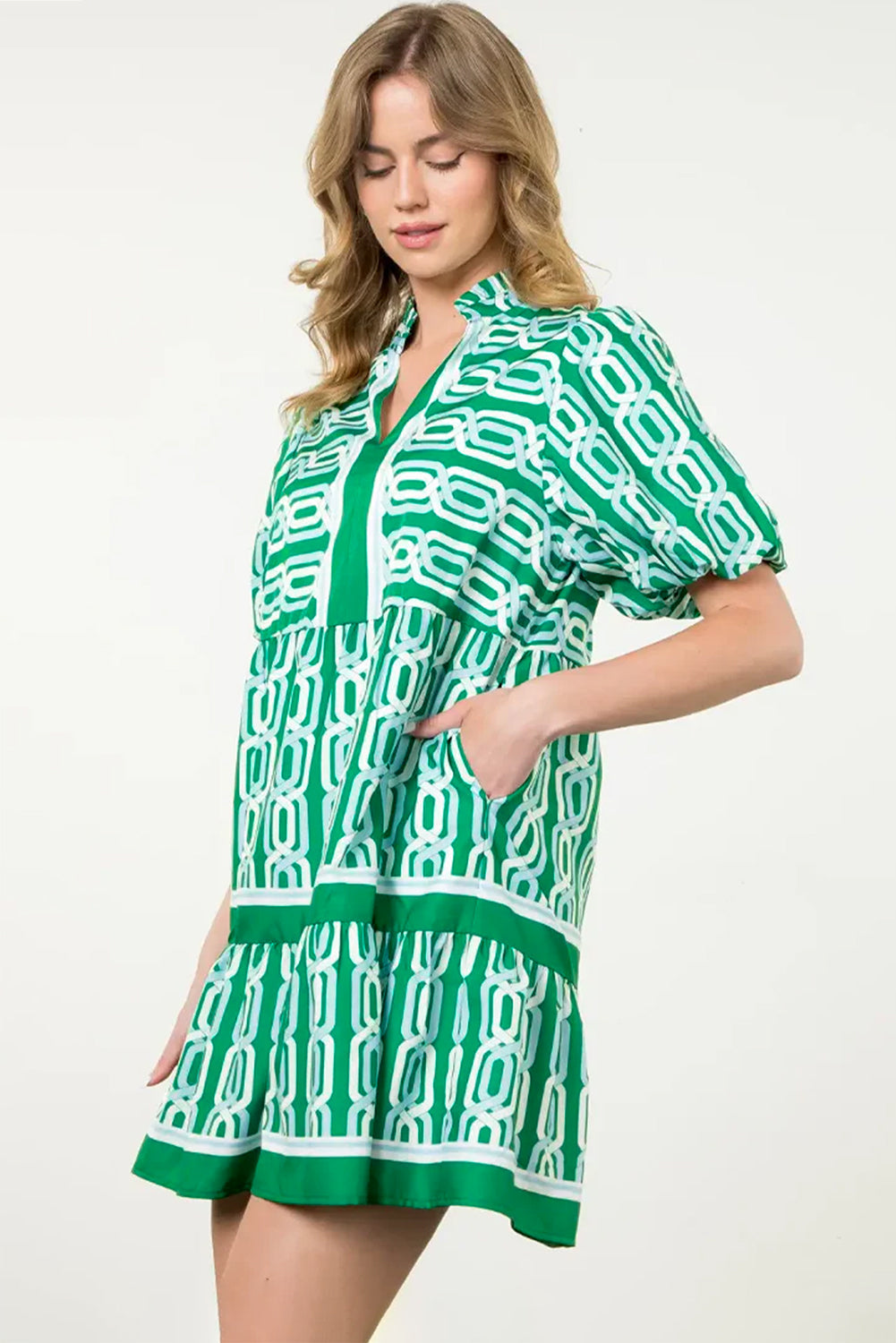 Bright Green Abstract Patterned V Neck Puff Short Sleeve Mini Dress eAura