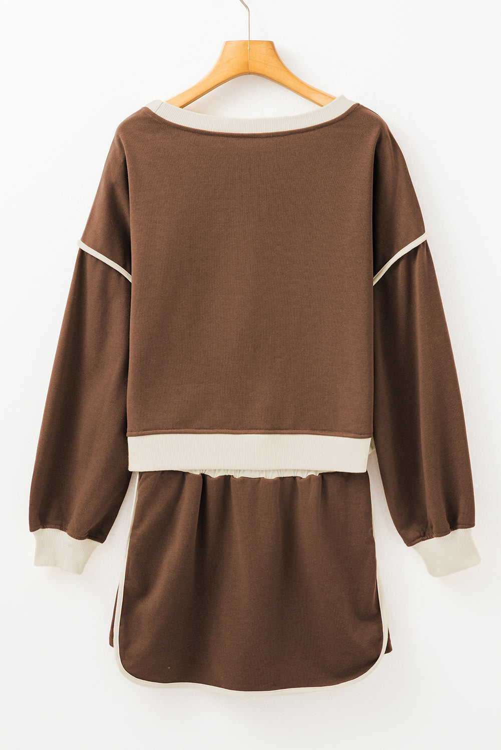 Coffee Colour Contrast Loose Pullover and Lace-up Waist Skort Set eAura