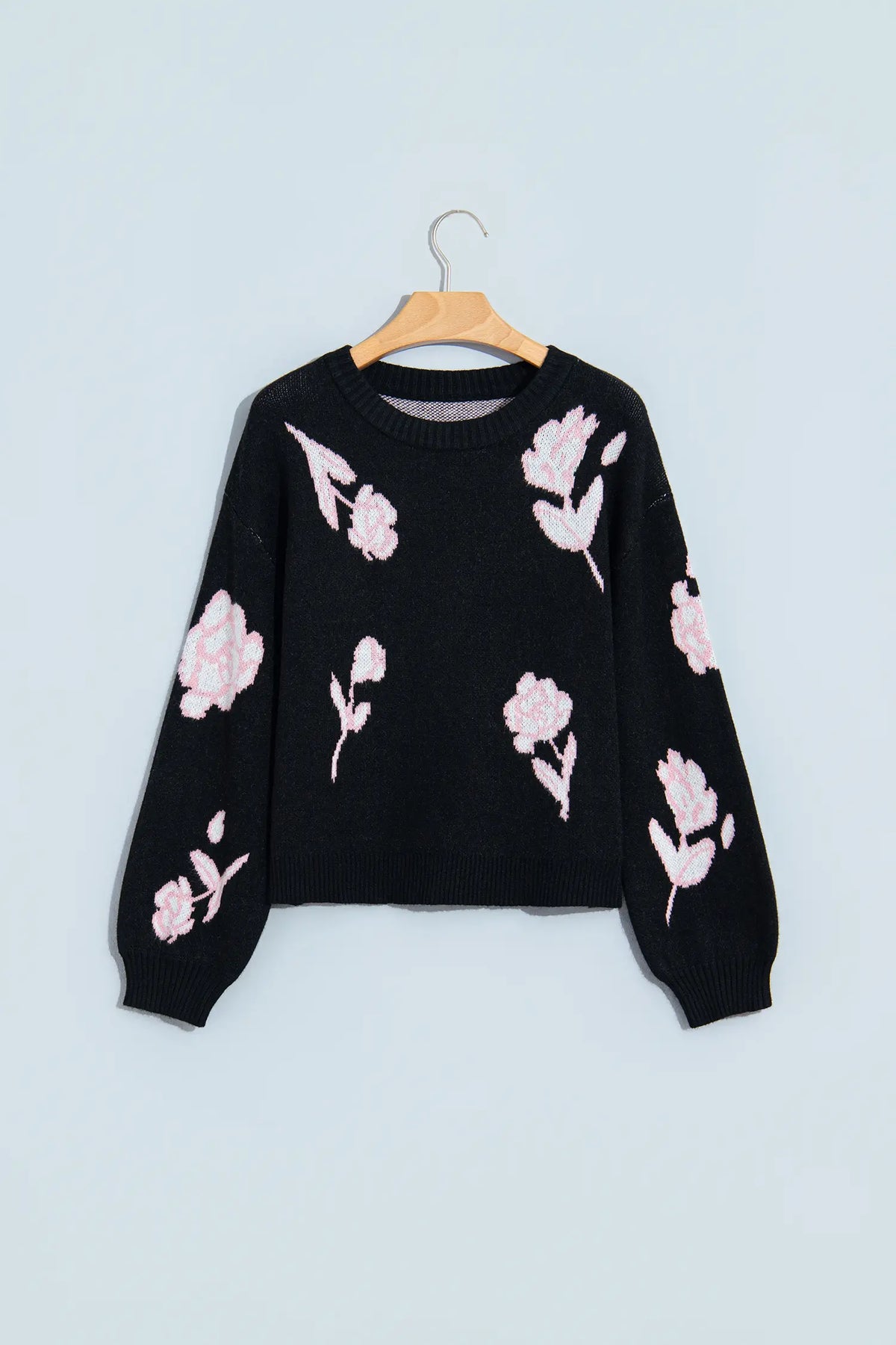 Floral Pattern Puff Sleeve Dropped Shoulder Pullover Sweater – Black