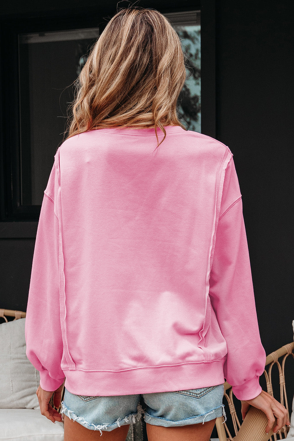 Lace Insert Bow Embroidered Exposed Seam Sweatshirt - eAura