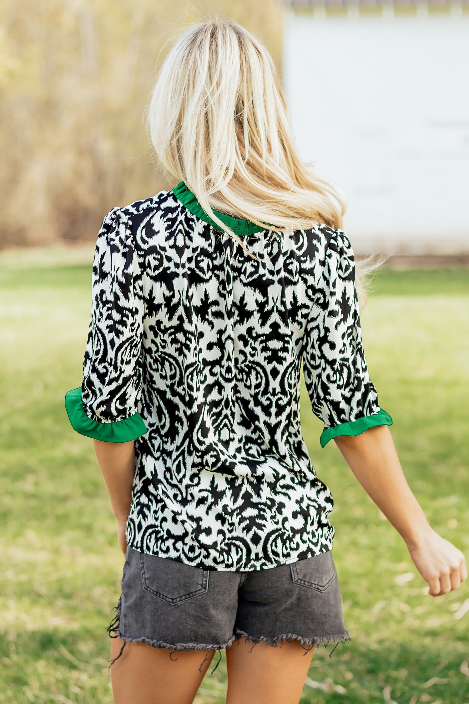 Damask Print Ruffle Colour Block Puff Sleeve Blouse