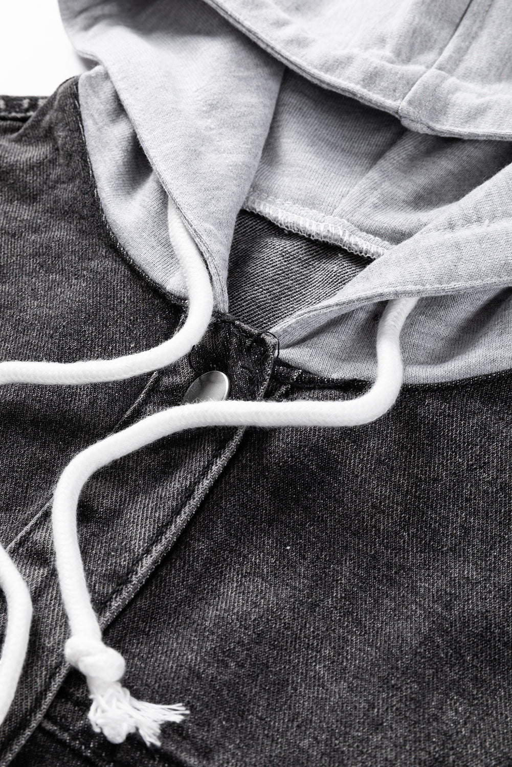 Black Drawstring Hooded Frayed Denim Jacket eAura