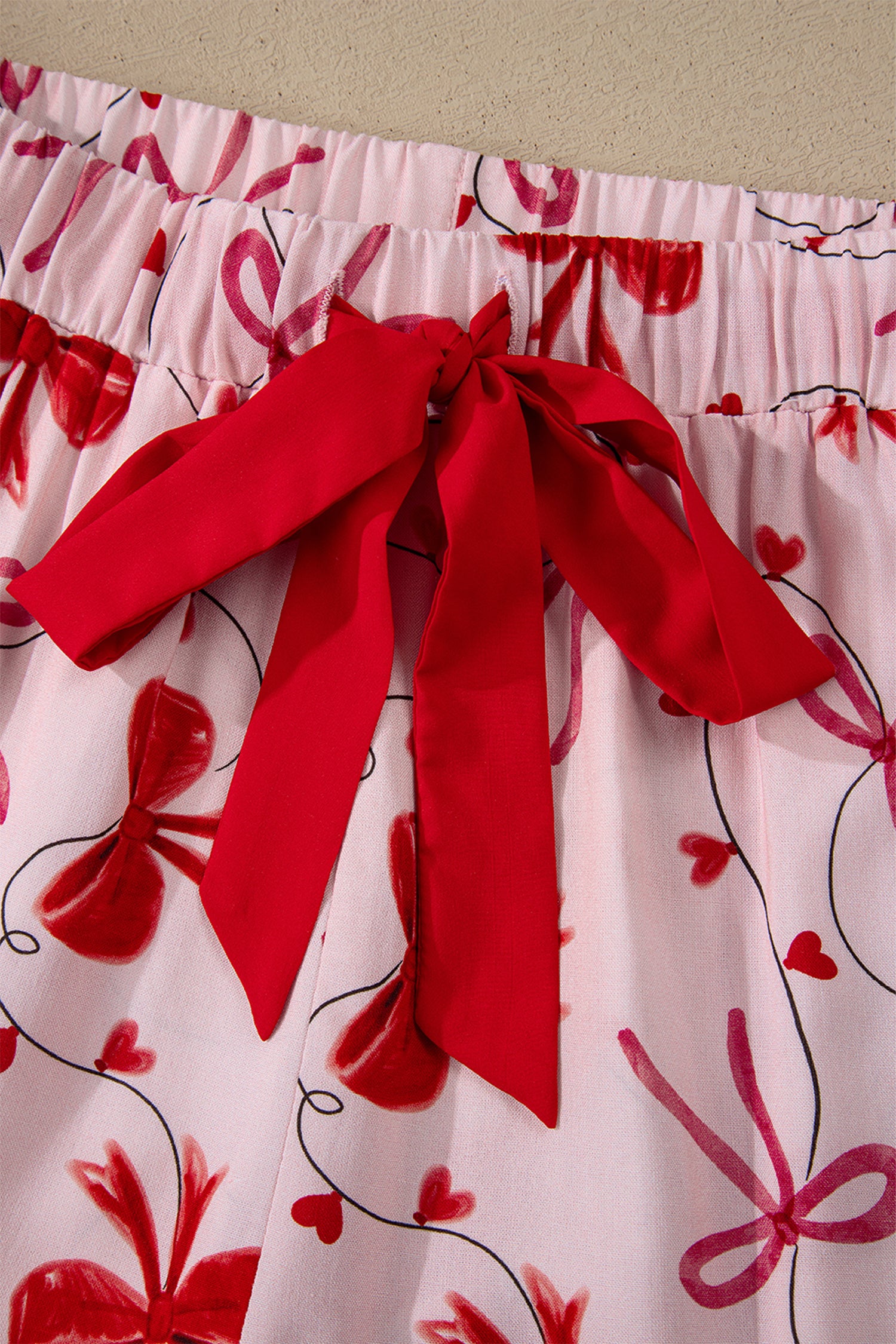 Bow Print Valentine Long Sleeve Shirt Shorts 2 Pcs Pajama Set – Red