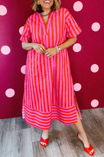 V Neck Cuffed Sleeve Relaxed Split Midi Dress – Red Stripe