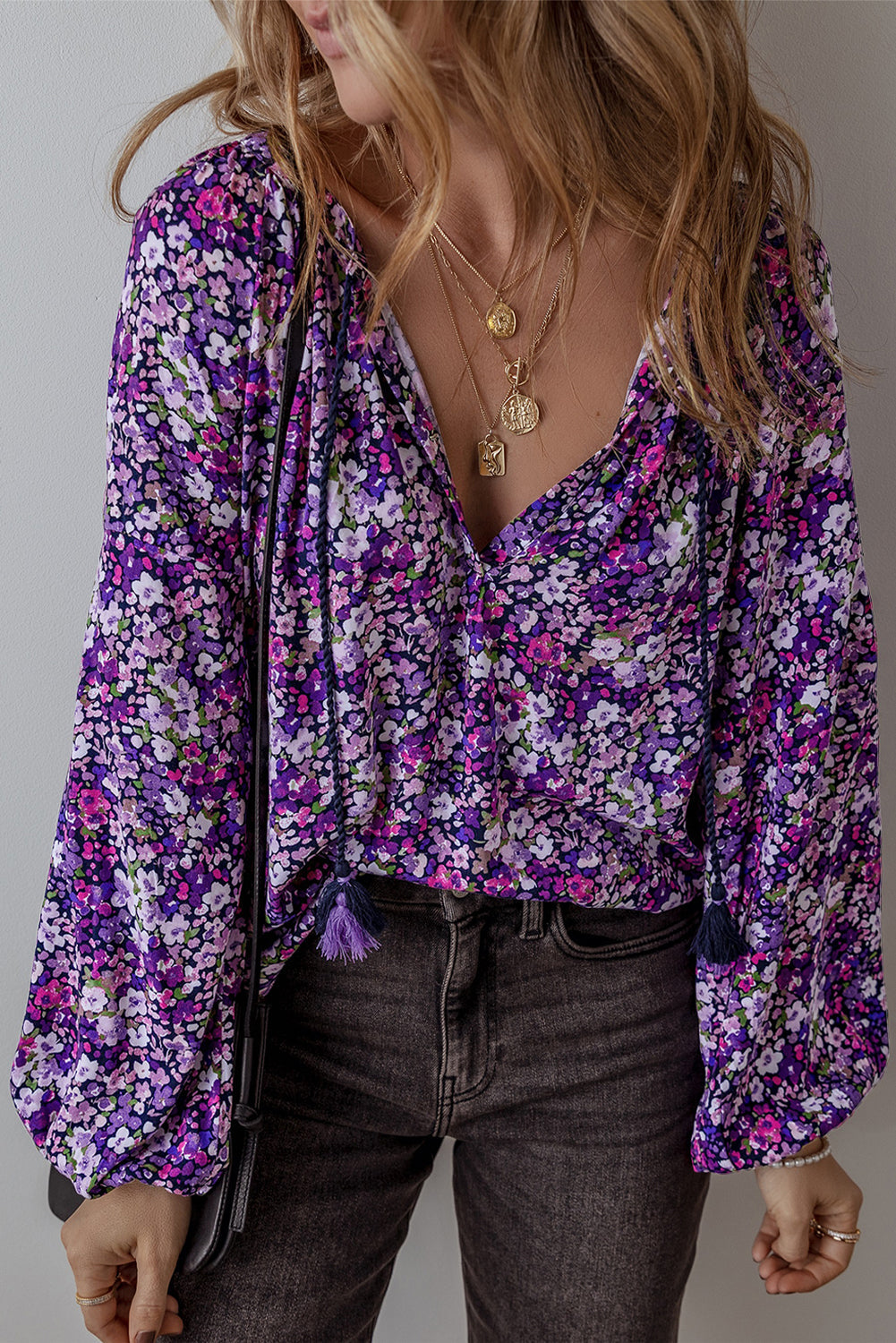 Purple Boho Flower Split V Neck Bubble Sleeve Blouse eAura