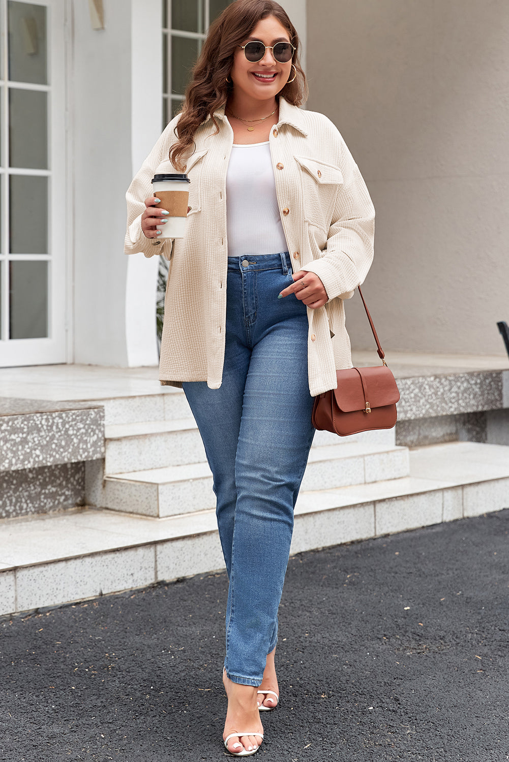 Oatmeal Textured Flap Pockets Buttoned Plus Size Shacket Beagle Boutique Fashion Outlet