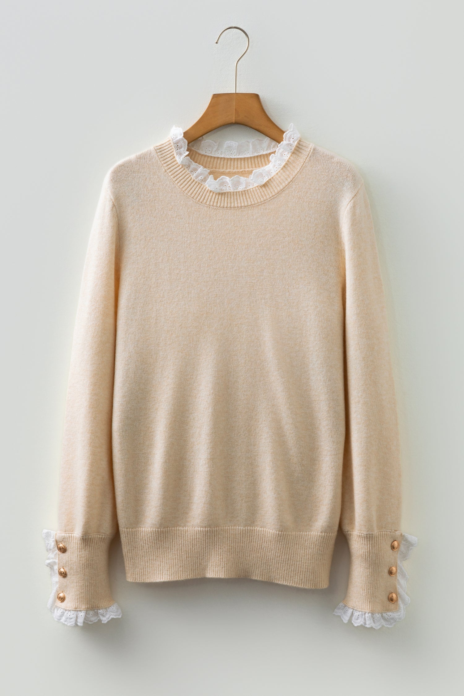 Lace Trim Sweater Patchwork Buttoned Cuffs Loose Sweater - eAura