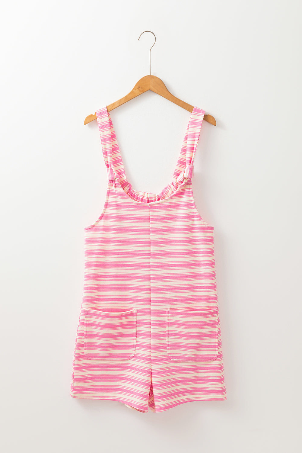 Pink Stripe Knotted Strap Patched Pocket Romper eAura