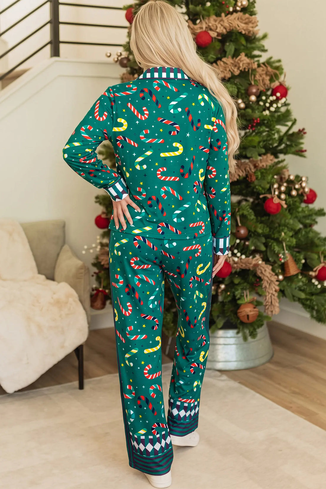 Abstract Candy Cane Print Long Sleeve Two Piece Lounge Set