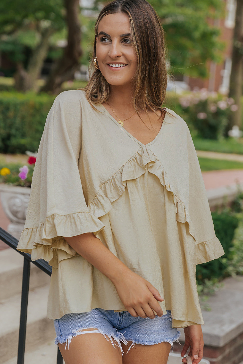 Apricot V Neck Draped Batwing Sleeve Ruffle Blouse eAura
