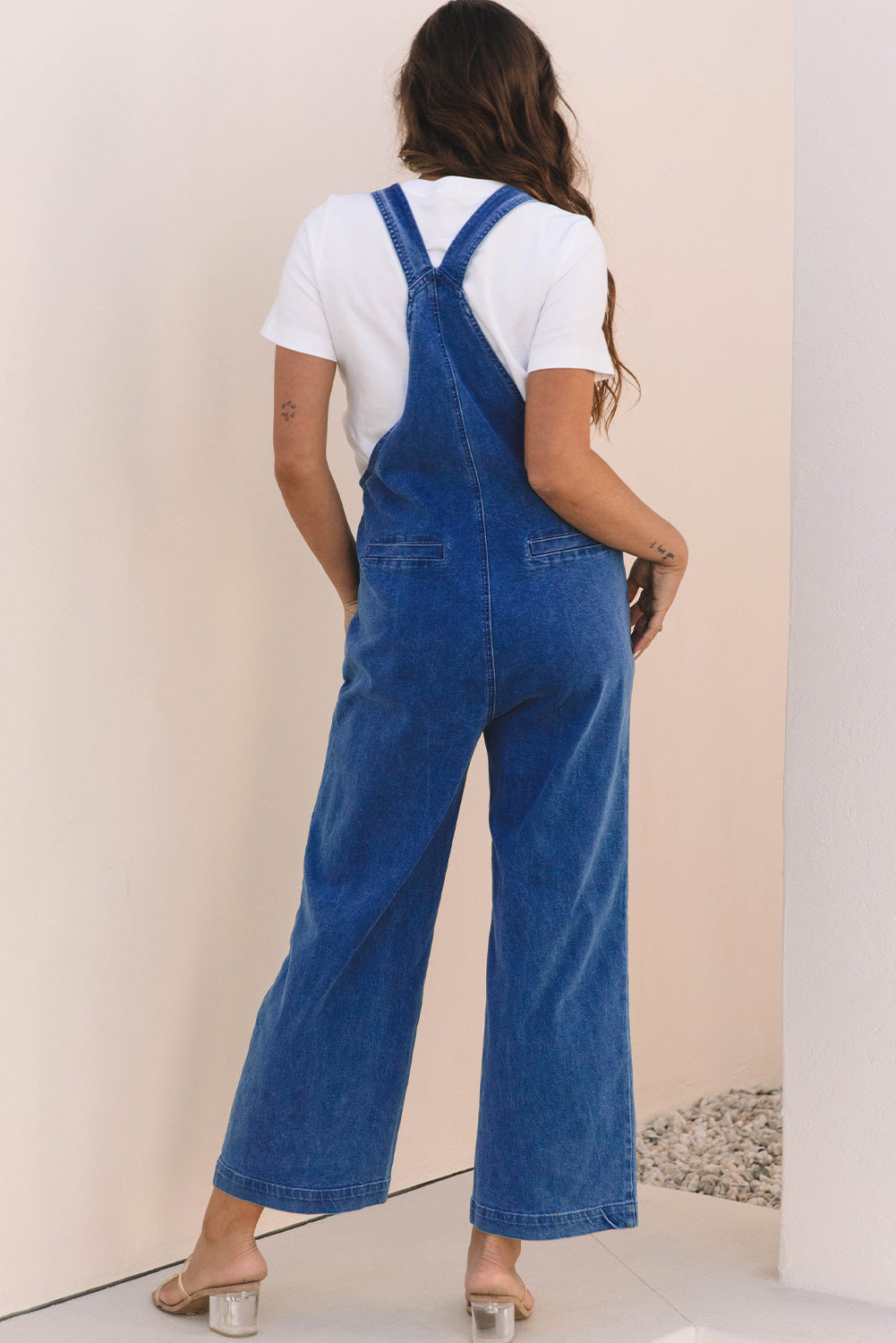 Blue Mineral Wash Knot Strap Patched Pocket Wide Leg Denim Overalls Dungarees BB Fashion Outlet