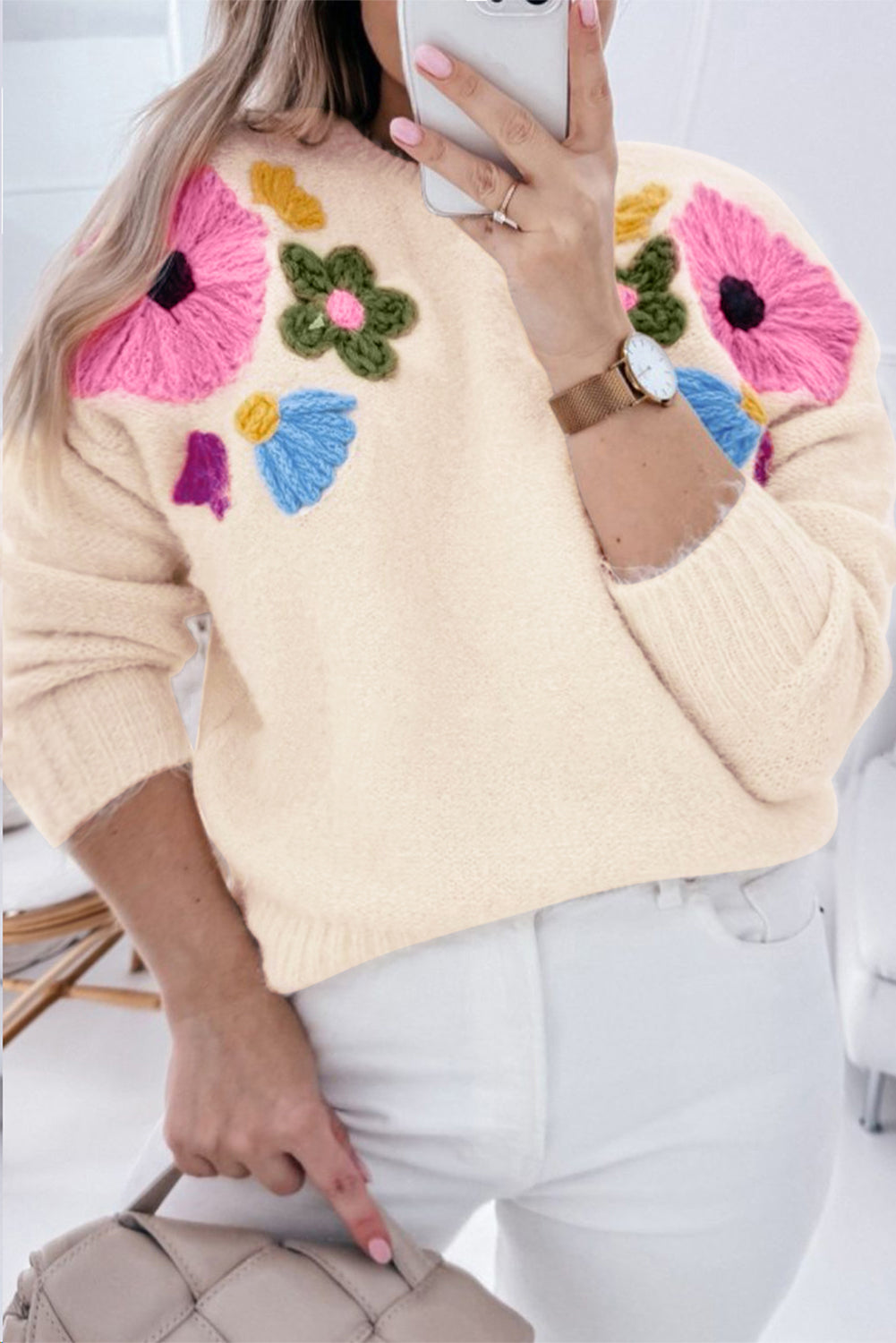 Beige Plus Size Crochet Flower Pullover Sweater Beagle Boutique Fashion Outlet