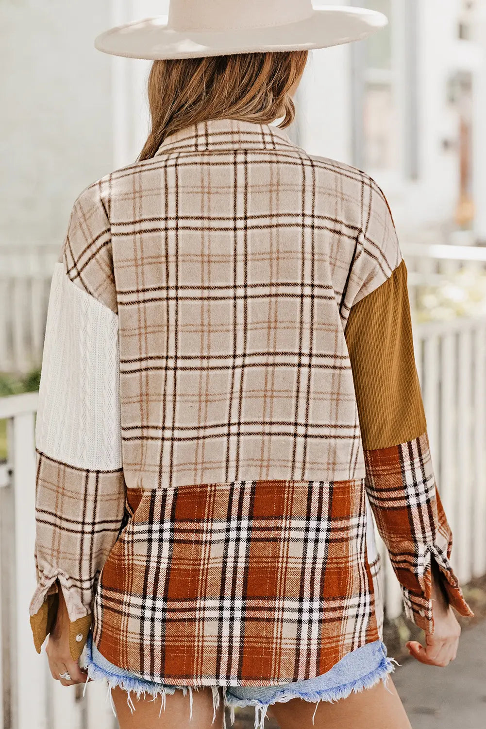 Orange Plaid Colour Block Patchwork Shirt Jacket with Pocket