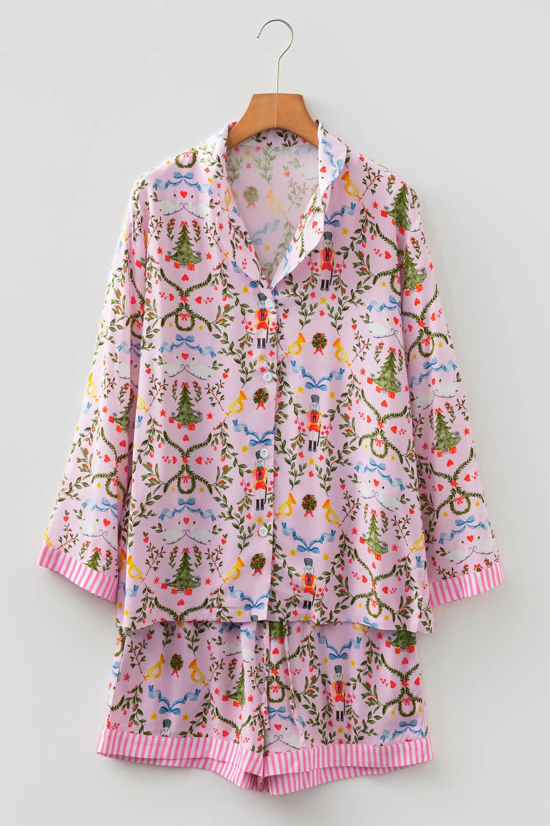 Christmas Print Nutcracker Long Sleeve and Shorts Pyjama Set - Pink / S - Loungewear & Sleepwear/Sleepwear