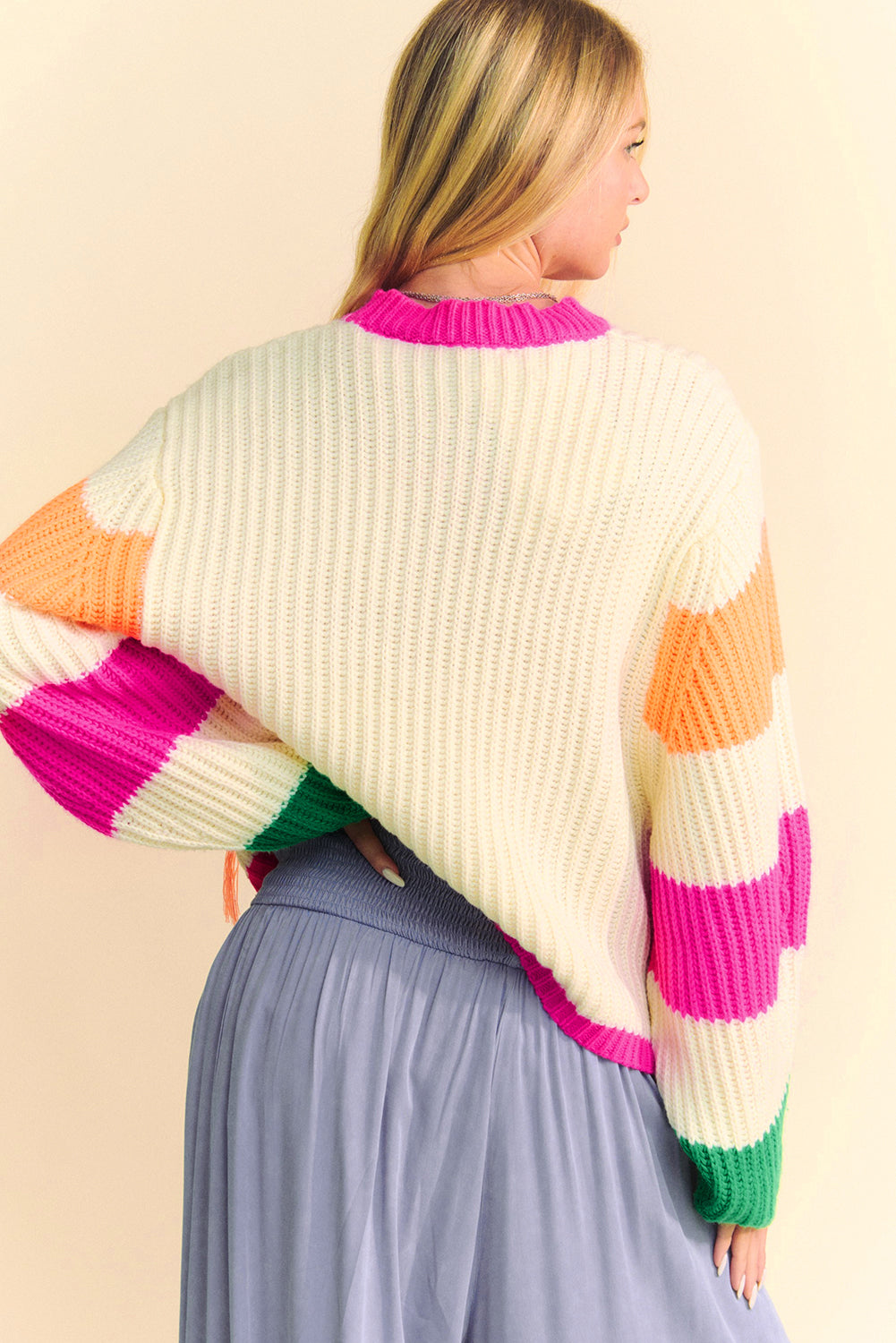 Beige Colourblock Flower Print Cable Knit Loose Sweater eAura