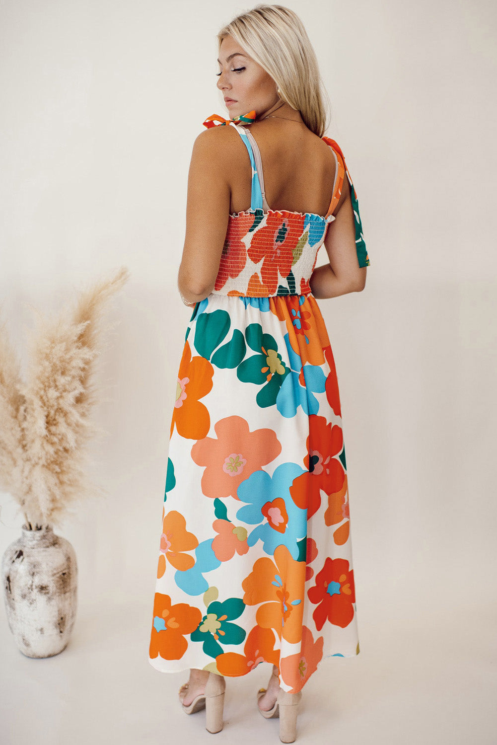 Orange Floral Self Tied Straps Smocked Bust Maxi Dress eAura