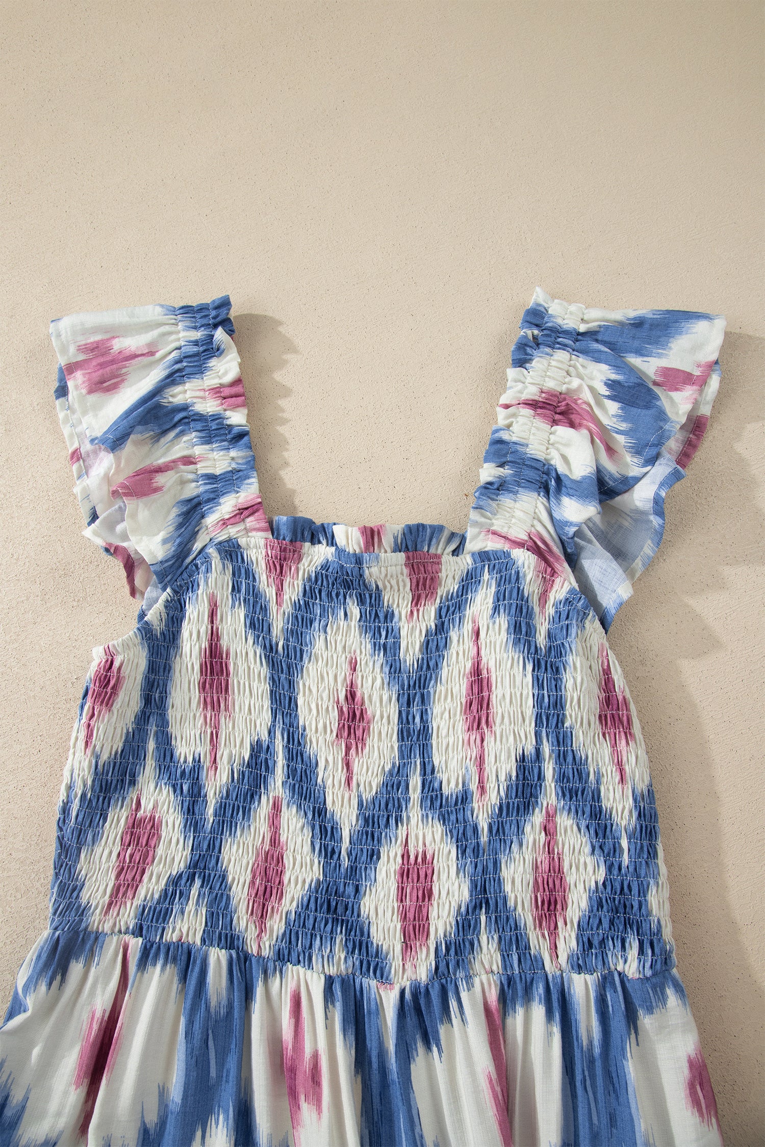 Geometric Print Square Neck Smocked High Waist Ruffle Sleeve Dress