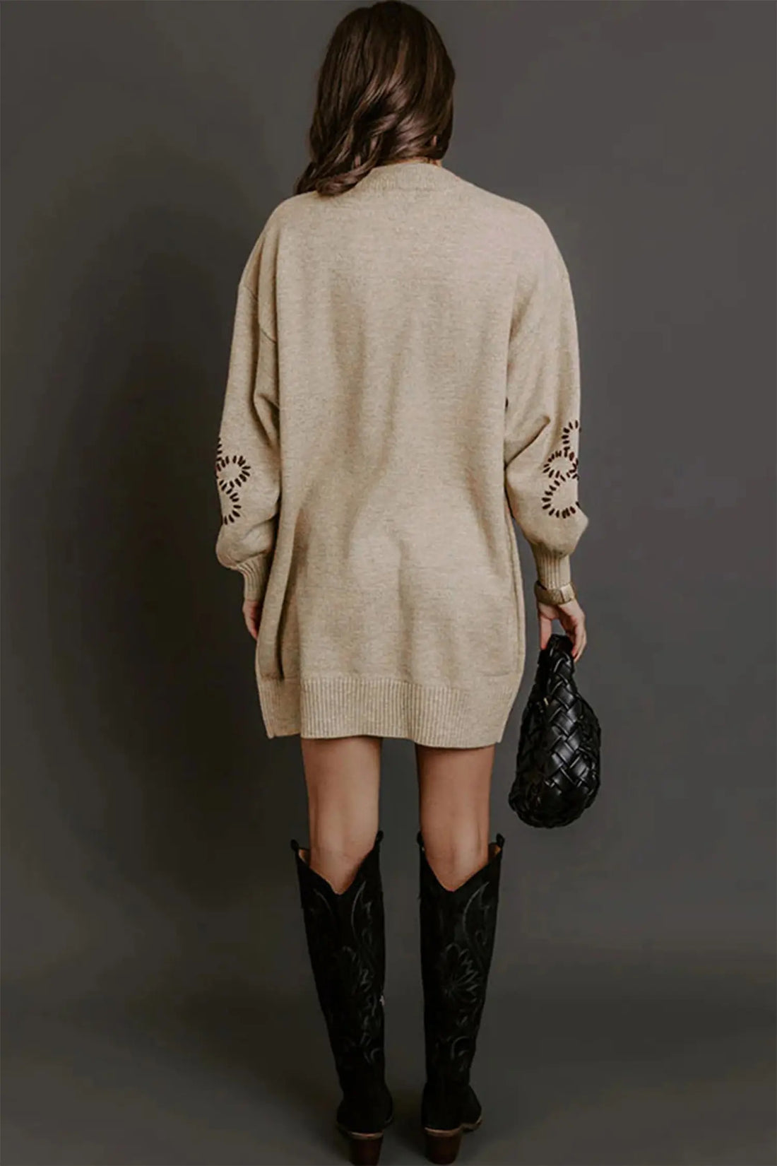 Floral Pattern Round Neck Puff Sleeve Shift Sweater Dress