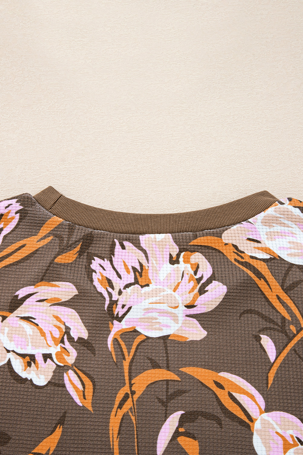 Brown Floral Print Waffle Textured Long Sleeve Top - eAura